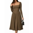 thumbnail image 1 of Women'S Spring and Autumn Fashion Square Neck Long Sleeve Casual A-Line Midi Dress Brown S, 1 of 8