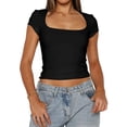 thumbnail image 1 of Women'S Square Neck Crop Top Short Sleeve T-Shirts Slim Fitted Going Out Tops Y2K Cute Basic Tees Black L, 1 of 7