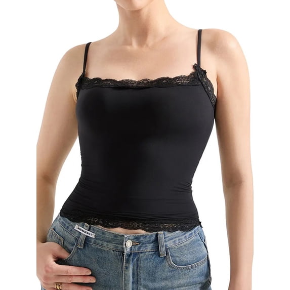 Women'S Square Neck Lace Tank Tops Sleeveless Crop Spaghetti Strap Summer Y2k Tops Black L