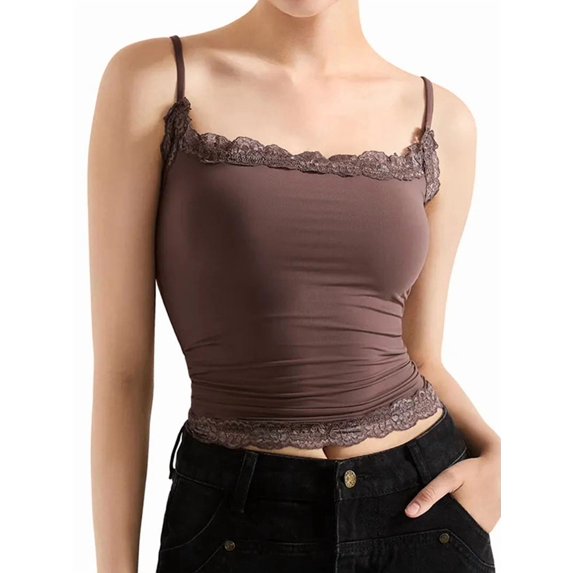 Women'S Square Neck Lace Tank Tops Sleeveless Crop Spaghetti Strap Summer Y2k Tops Brown S