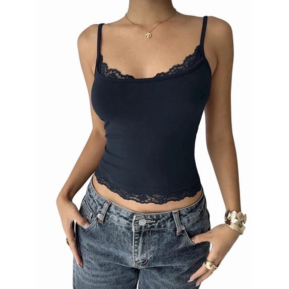 Women'S Square Neck Lace Tank Tops Sleeveless Crop Spaghetti Strap Summer Y2k Tops Navy Blue S