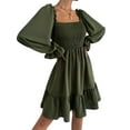 thumbnail image 1 of Women'S Square Neck Lantern Long Sleeve Ruffle Shirred Flowy Party Mini Dress Army Green XXL, 1 of 10
