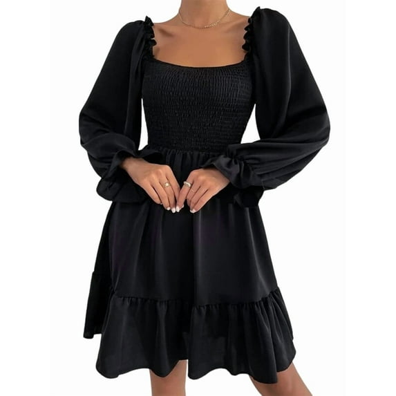 Women'S Square Neck Lantern Long Sleeve Ruffle Shirred Flowy Party Mini Dress Black XXL