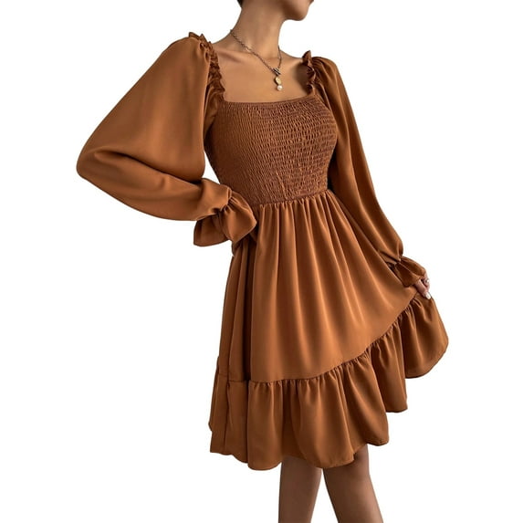 Women'S Square Neck Lantern Long Sleeve Ruffle Shirred Flowy Party Mini Dress Light Brown S