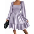 thumbnail image 1 of Women'S Square Neck Lantern Long Sleeve Ruffle Shirred Flowy Party Mini Dress Purple S, 1 of 9