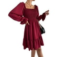 thumbnail image 1 of Women'S Square Neck Lantern Long Sleeve Ruffle Shirred Flowy Party Mini Dress Wine Red M, 1 of 8