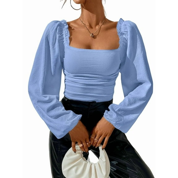 Women'S Square Neck Long Sleeve Crop Tops Puff Sleeve Ruched Blouse Blue L