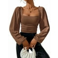 thumbnail image 1 of Women'S Square Neck Long Sleeve Crop Tops Puff Sleeve Ruched Blouse Dark Brown L, 1 of 8