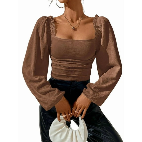 Women'S Square Neck Long Sleeve Crop Tops Puff Sleeve Ruched Blouse Dark Brown M
