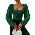 thumbnail image 1 of Women'S Square Neck Long Sleeve Crop Tops Puff Sleeve Ruched Blouse Green S, 1 of 8