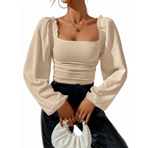 Women'S Square Neck Long Sleeve Crop Tops Puff Sleeve Ruched Blouse L