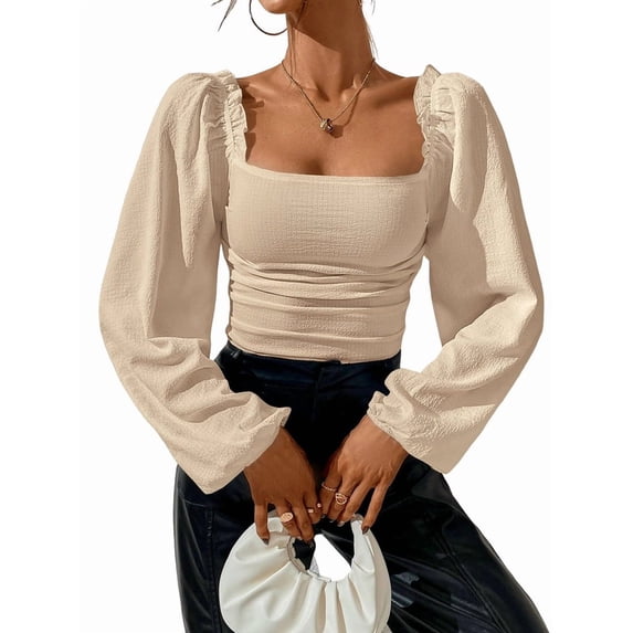 Women'S Square Neck Long Sleeve Crop Tops Puff Sleeve Ruched Blouse L