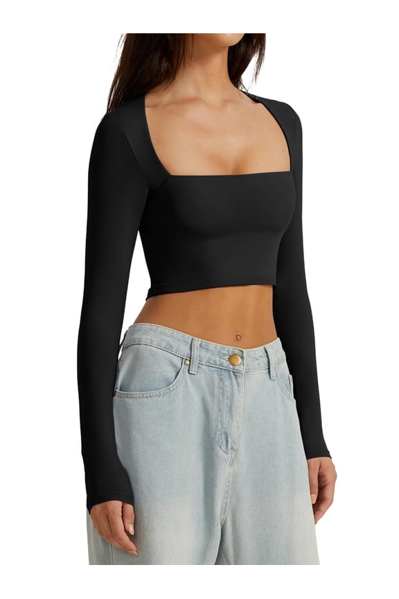 Women'S Square Neck Long Sleeve Double Lined Slim Fitted Casual Basic Crop Top Black XL