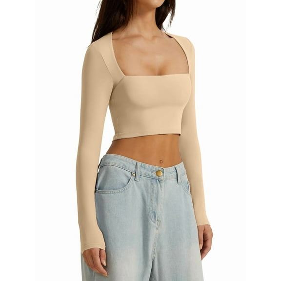 Women'S Square Neck Long Sleeve Double Lined Slim Fitted Casual Basic Crop Top Cream White S