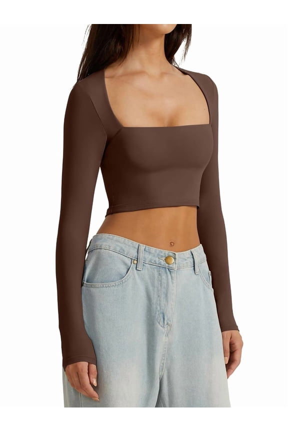 Women'S Square Neck Long Sleeve Double Lined Slim Fitted Casual Basic Crop Top Dark Brown M