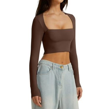 Women'S Square Neck Long Sleeve Double Lined Slim Fitted Casual Basic Crop Top Dark Brown M
