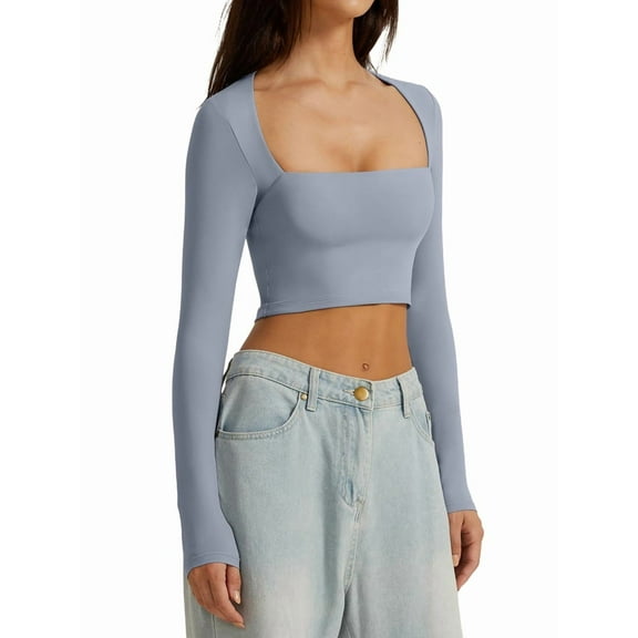 Women'S Square Neck Long Sleeve Double Lined Slim Fitted Casual Basic Crop Top Light Blue S
