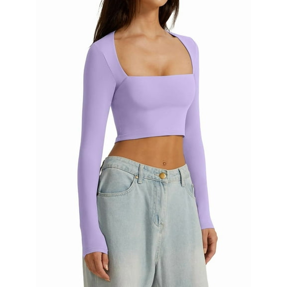 Women'S Square Neck Long Sleeve Double Lined Slim Fitted Casual Basic Crop Top Purple S