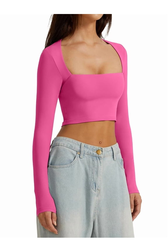 Women'S Square Neck Long Sleeve Double Lined Slim Fitted Casual Basic Crop Top Rose Red XL