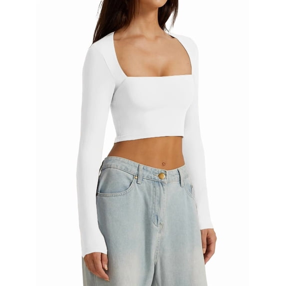 Women'S Square Neck Long Sleeve Double Lined Slim Fitted Casual Basic Crop Top White XL