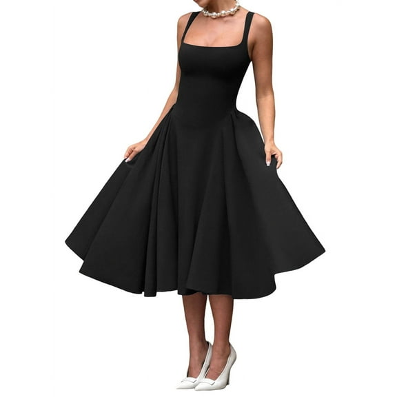 Women'S Square Neck Maxi Prom Dresses Flowy A Line Sleeveless Sundress Tank Summer Casual Vacation Dress Black S