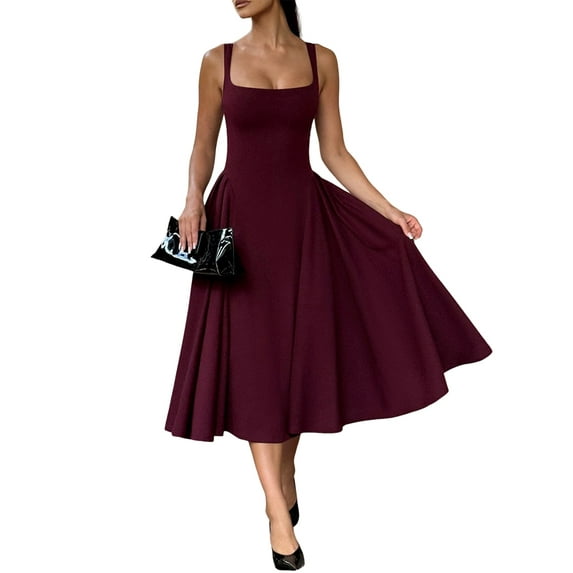 Women'S Square Neck Maxi Prom Dresses Flowy A Line Sleeveless Sundress Tank Summer Casual Vacation Dress Wine Red XL