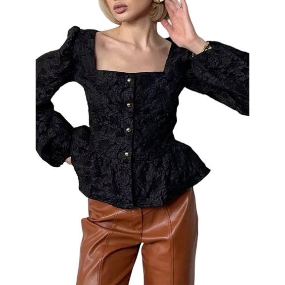 Women'S Square Neck Puff Sleeve Textured Peplum Blouse Black L