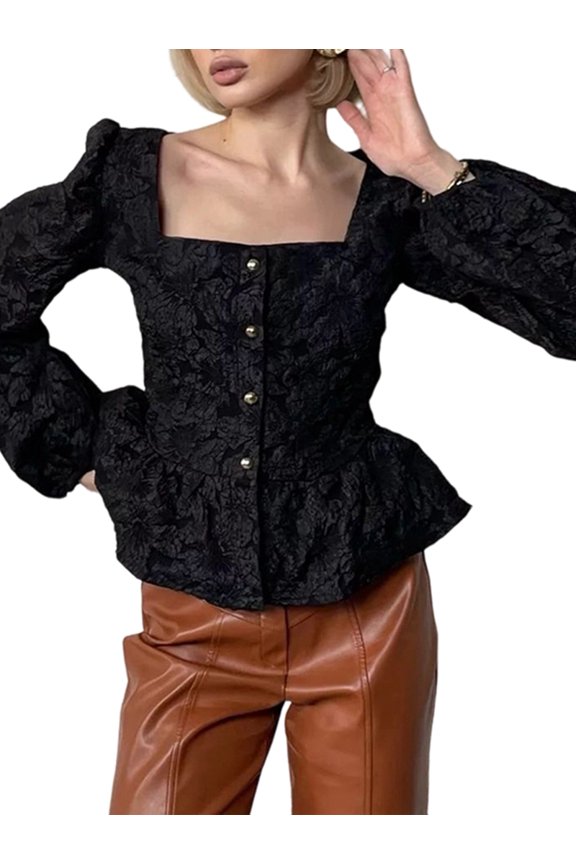 Women'S Square Neck Puff Sleeve Textured Peplum Blouse Black S