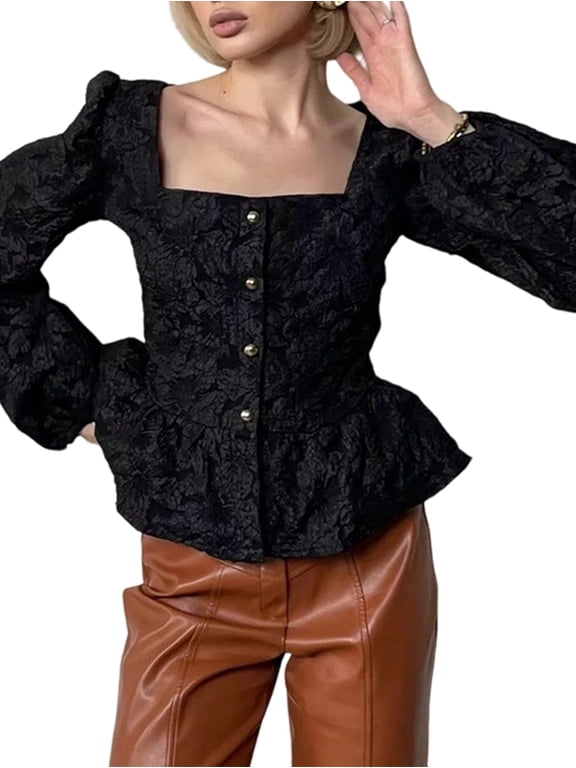 Women'S Square Neck Puff Sleeve Textured Peplum Blouse Black S