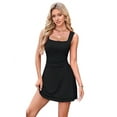 thumbnail image 1 of Women'S Square Neck Ruffle Hem Mini Dress Ruched Waist Short Dresses Black M, 1 of 5