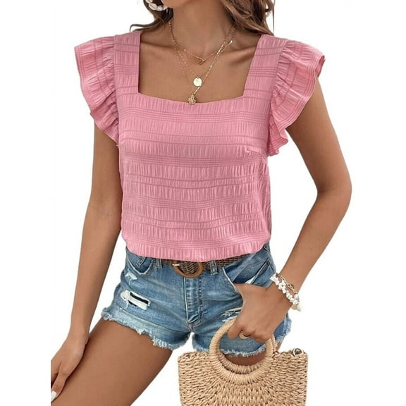 Women's Square Neck Chiffon Blouse Sleeveless Ruffle Detail Summer Casual Top Pink XL