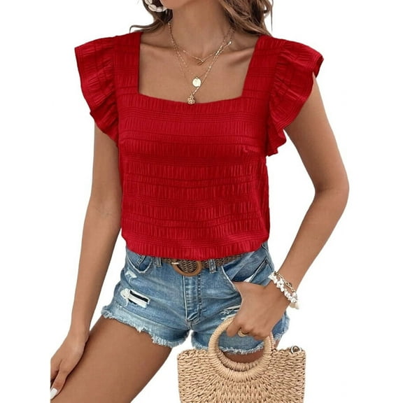 Women'S Square Neck Ruffle Short Sleeve Top Red XXL