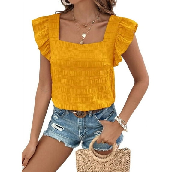 Women'S Square Neck Ruffle Short Sleeve Top Yellow L
