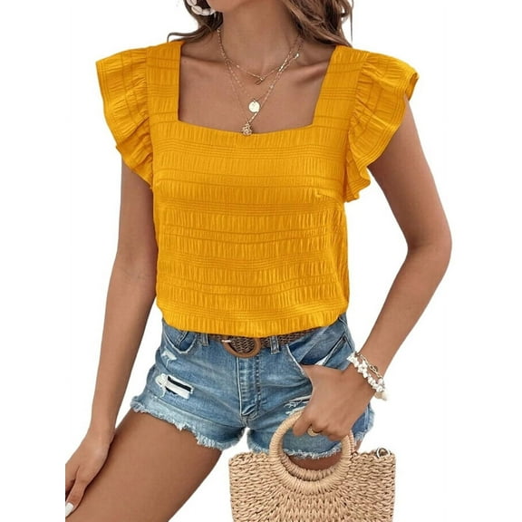 Women'S Square Neck Ruffle Short Sleeve Top Yellow XL