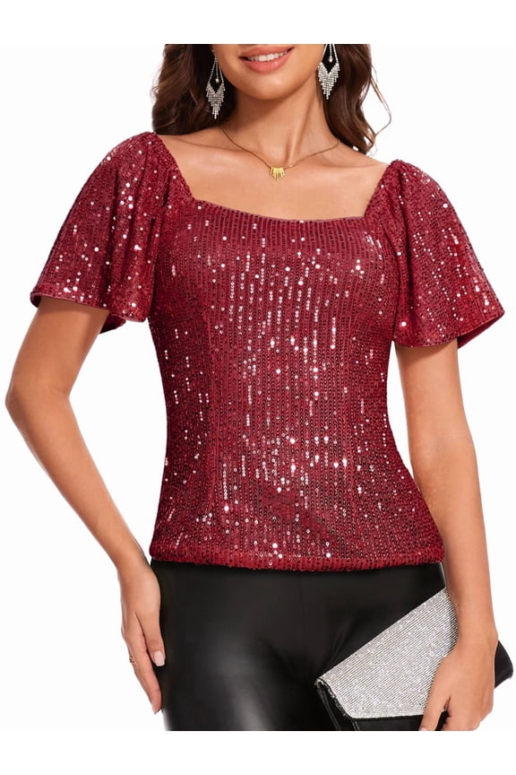 Women'S Square Neck Short Sleeve Sequin Bubble Sleeve Blouse Fashion Versatile Party Red M