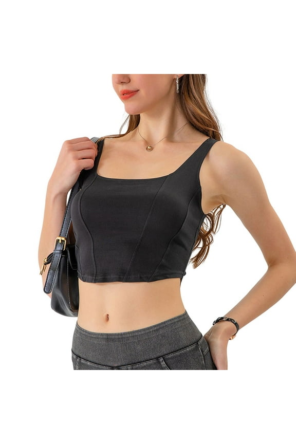 Women'S Square Neck Sleeveless Corset Denim Top Asymmetrical Hem High Elasticity Crop Tank Top Black S