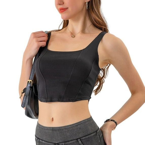 Women'S Square Neck Sleeveless Corset Denim Top Asymmetrical Hem High Elasticity Crop Tank Top Black XXL