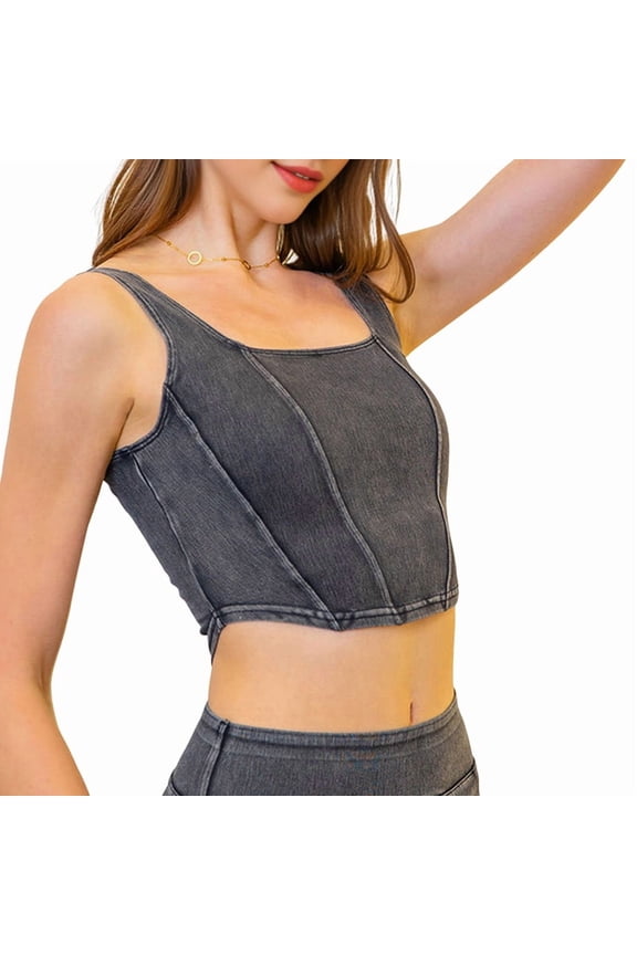 Women'S Square Neck Sleeveless Corset Denim Top Asymmetrical Hem High Elasticity Crop Tank Top Dark Gray M