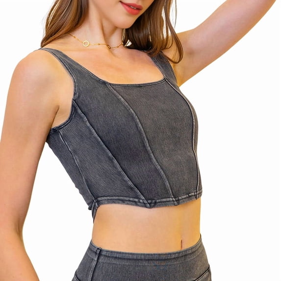 Women'S Square Neck Sleeveless Corset Denim Top Asymmetrical Hem High Elasticity Crop Tank Top Dark Gray XL