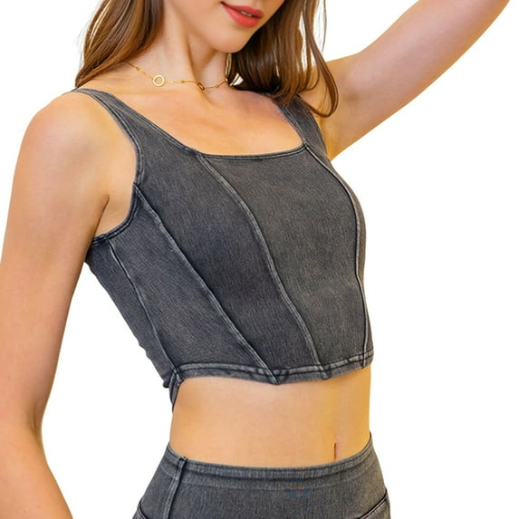 Women'S Square Neck Sleeveless Corset Denim Top Asymmetrical Hem High Elasticity Crop Tank Top Dark Gray XL