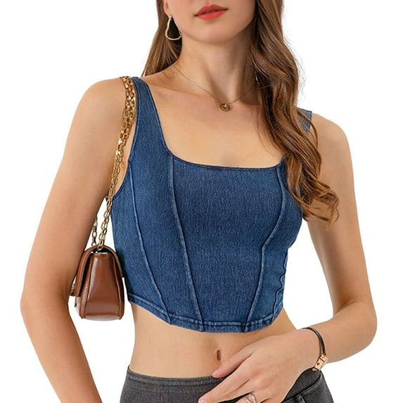 Women'S Square Neck Sleeveless Corset Denim Top Asymmetrical Hem High Elasticity Crop Tank Top L