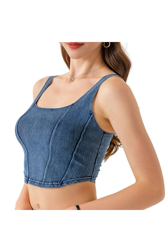Women'S Square Neck Sleeveless Corset Denim Top Asymmetrical Hem High Elasticity Crop Tank Top Middle Blue L