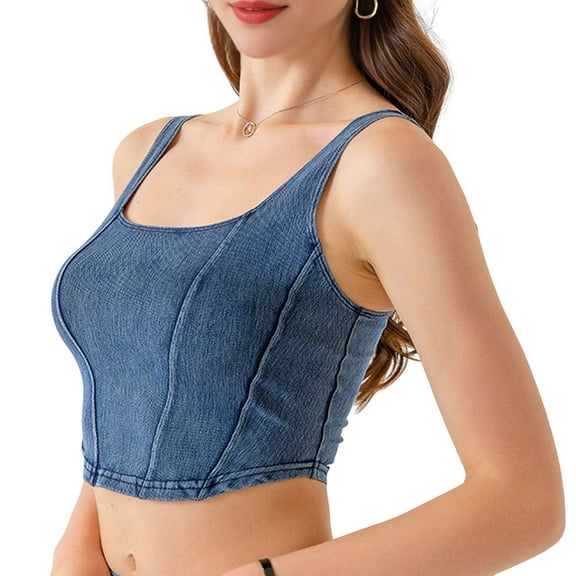 Women'S Square Neck Sleeveless Corset Denim Top Asymmetrical Hem High Elasticity Crop Tank Top Middle Blue S