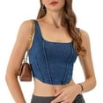 thumbnail image 1 of Women'S Square Neck Sleeveless Corset Denim Top Asymmetrical Hem High Elasticity Crop Tank Top Deep Blue S, 1 of 7