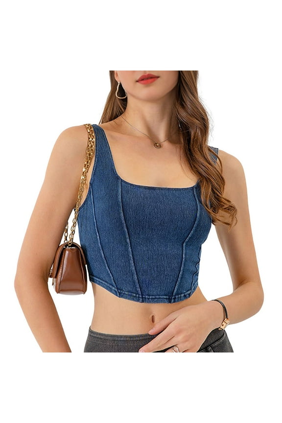Women'S Square Neck Sleeveless Corset Denim Top Asymmetrical Hem High Elasticity Crop Tank Top  S