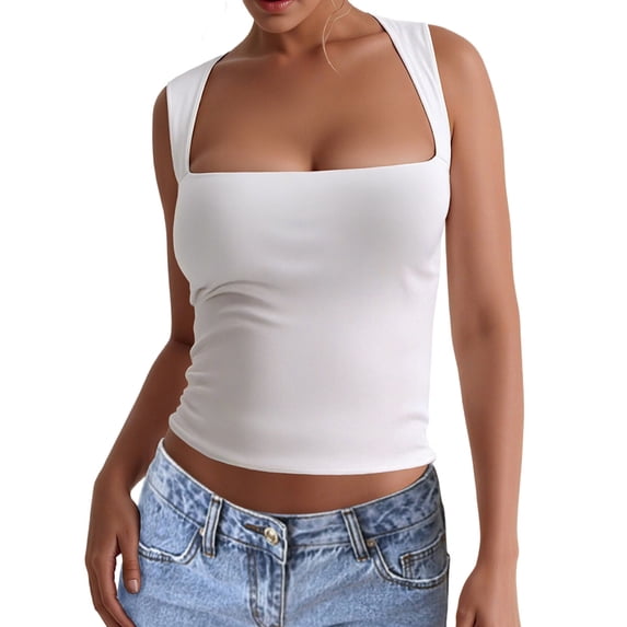 Women'S Square Neck Sleeveless Double-Layer Tank Tops Basic Tight T Shirts White S