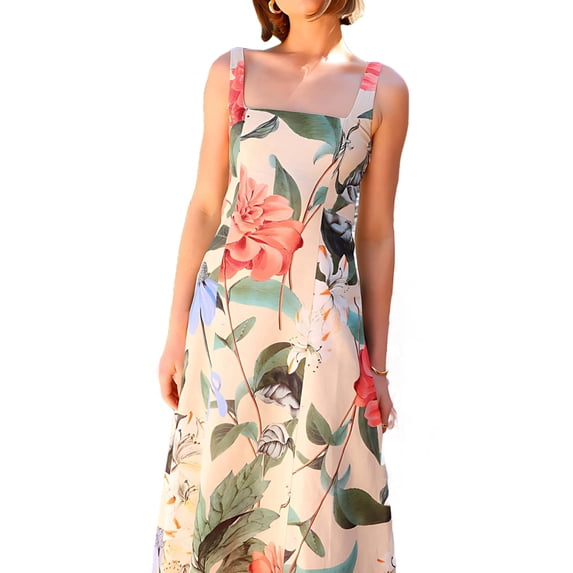 Women'S Square Neck Sleeveless Floral Flowy Long Dress A Line Maxi Dress White & Red L