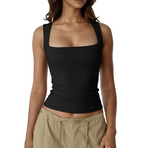 Women'S Square Neck Sleeveless Tank Tops Basic Tight T-Shirts Black S