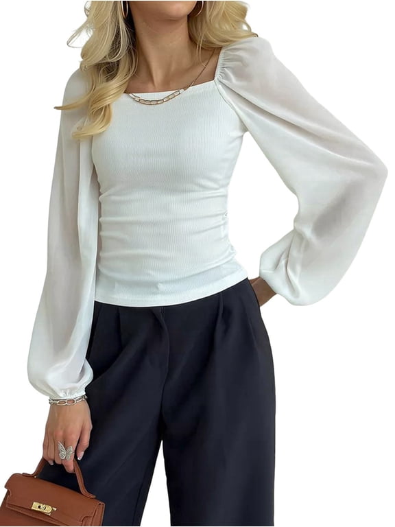 Women'S Square Neck Spliced Puff Long Sleeve Fitted Top White L