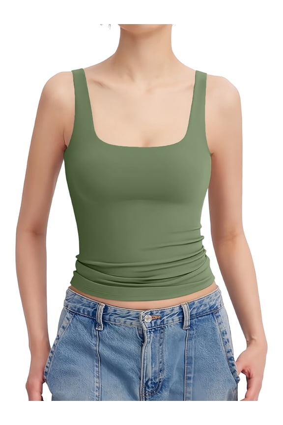 Women'S Square Neck Tank Top Sleeveless Double Lined Basic Tops Green XS